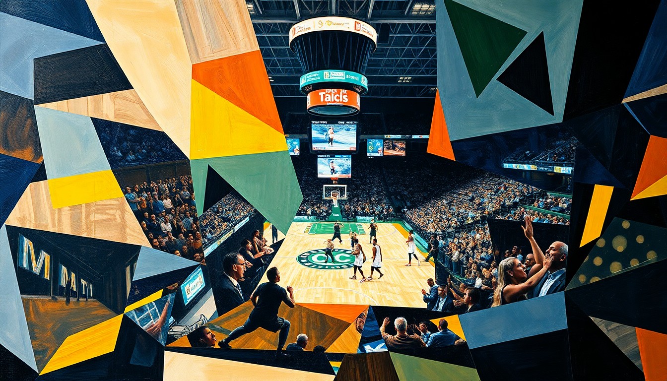 A fractured, multi-perspective painting depicting a basketball game between the Orlando Magic and Boston Celtics. The players' forms are deconstructed into abstract geometric shapes and colors, with the court and arena fading into the background, creating a conceptual representation of the game's dynamics.