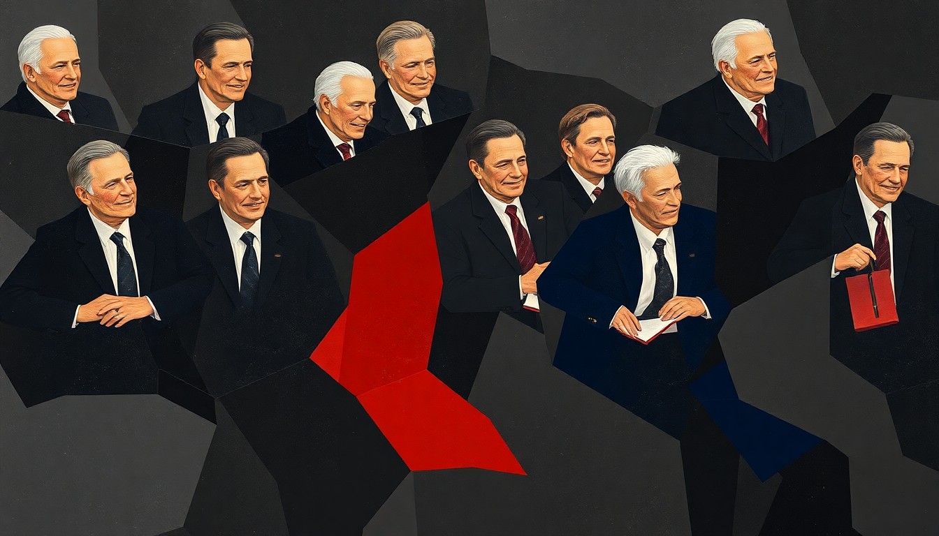 A dynamic, fractured painting in shades of grey, navy, and red, depicting overlapping, geometric shapes that suggest a sense of motion and disruption, conceptually representing the turbulent budget negotiations in Washington.