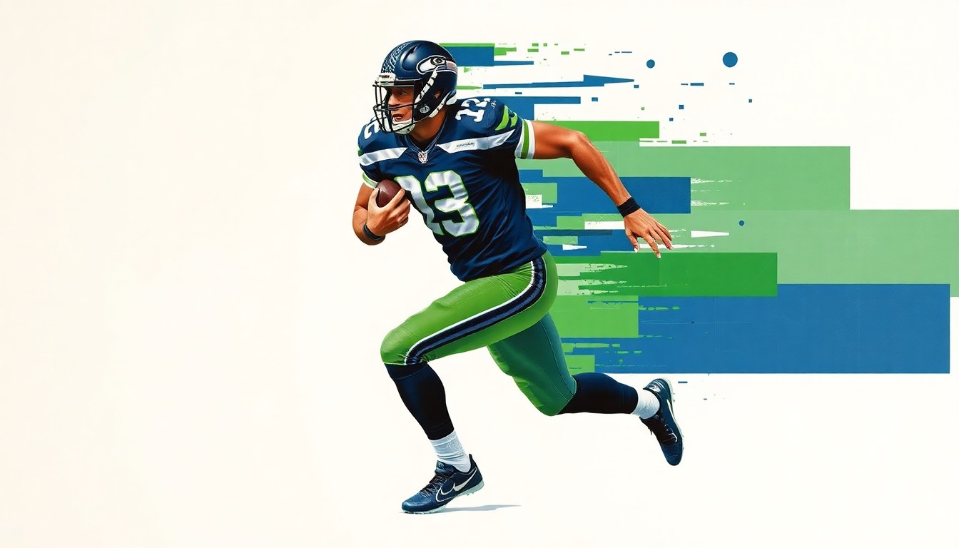 A cubist-style painting depicting a football player in mid-stride, their body and movements broken down into sharp, overlapping geometric shapes in the Seahawks' team colors of navy blue, green, and white.
