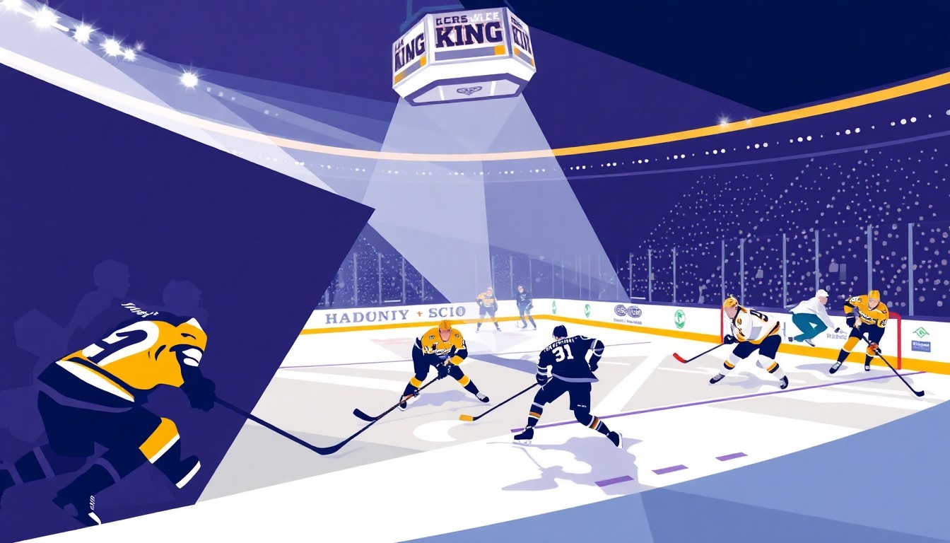 A cubist-style painting featuring sharp, overlapping geometric shapes in shades of blue, purple, and orange, capturing the dynamic energy and movement of a hockey game.