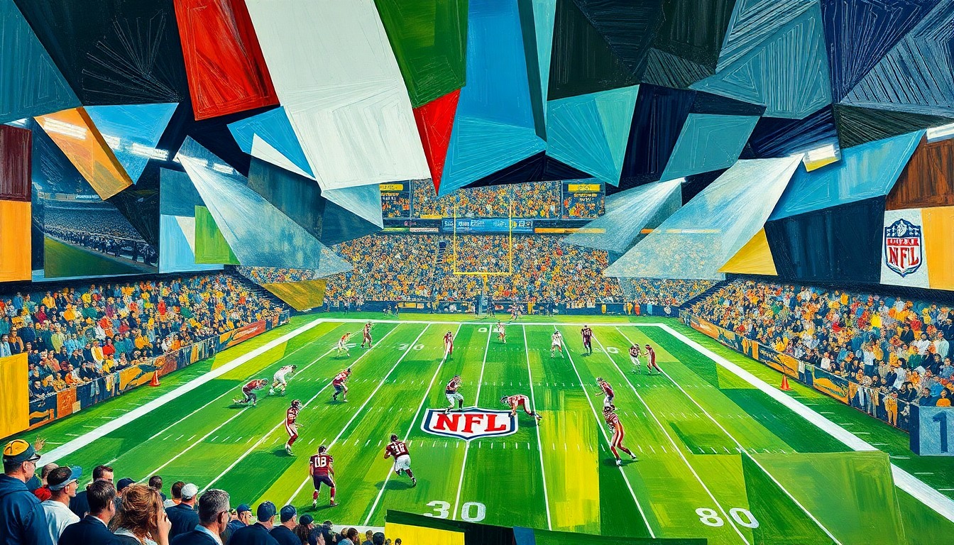 A cubist-style painting depicting a fragmented, multi-angled view of a football game or NFL draft scene, with sharp geometric shapes and planes of color representing the strategic decision-making process.