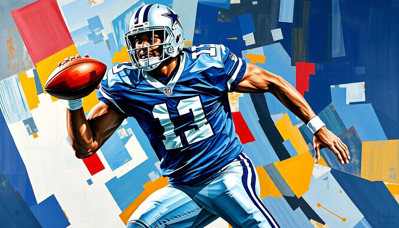 A cubist-style painting featuring sharp, overlapping geometric planes in the colors of the Dallas Cowboys' uniform, depicting a football player in mid-action but with their features and details obscured, representing the intricate contract discussions between the team and the player.