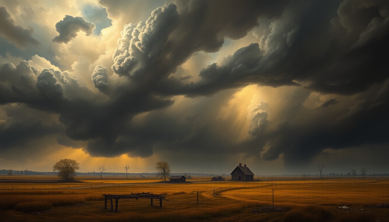 A vast, dramatic landscape painting in muted tones of gray, blue, and gold, depicting a tornado-ravaged rural scene shrouded in heavy storm clouds and dramatic backlighting. The sweeping, atmospheric composition dwarfs any physical structures or debris, conveying the overwhelming power of the natural disaster.