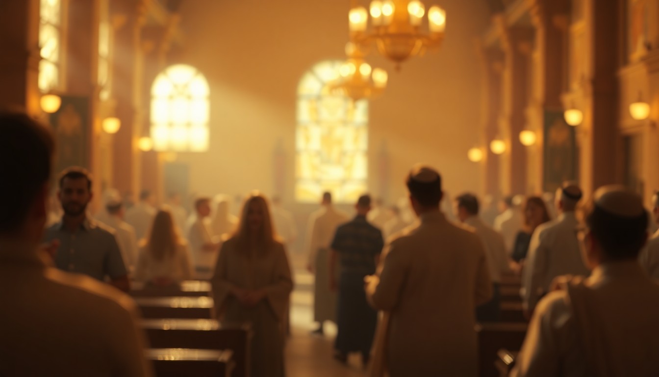 An abstract, impressionistic scene of blurred figures and soft lighting, conceptually representing the quiet work of preserving a rural synagogue's traditions.