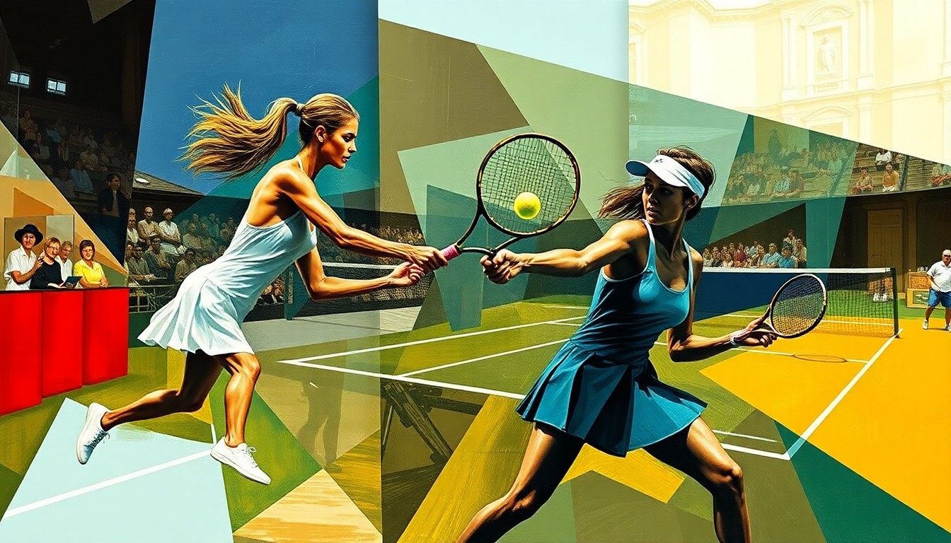 A cubist-style painting depicting the dynamic movement and energy of a women's tennis match, with the players' forms abstracted into sharp, overlapping geometric shapes and planes.