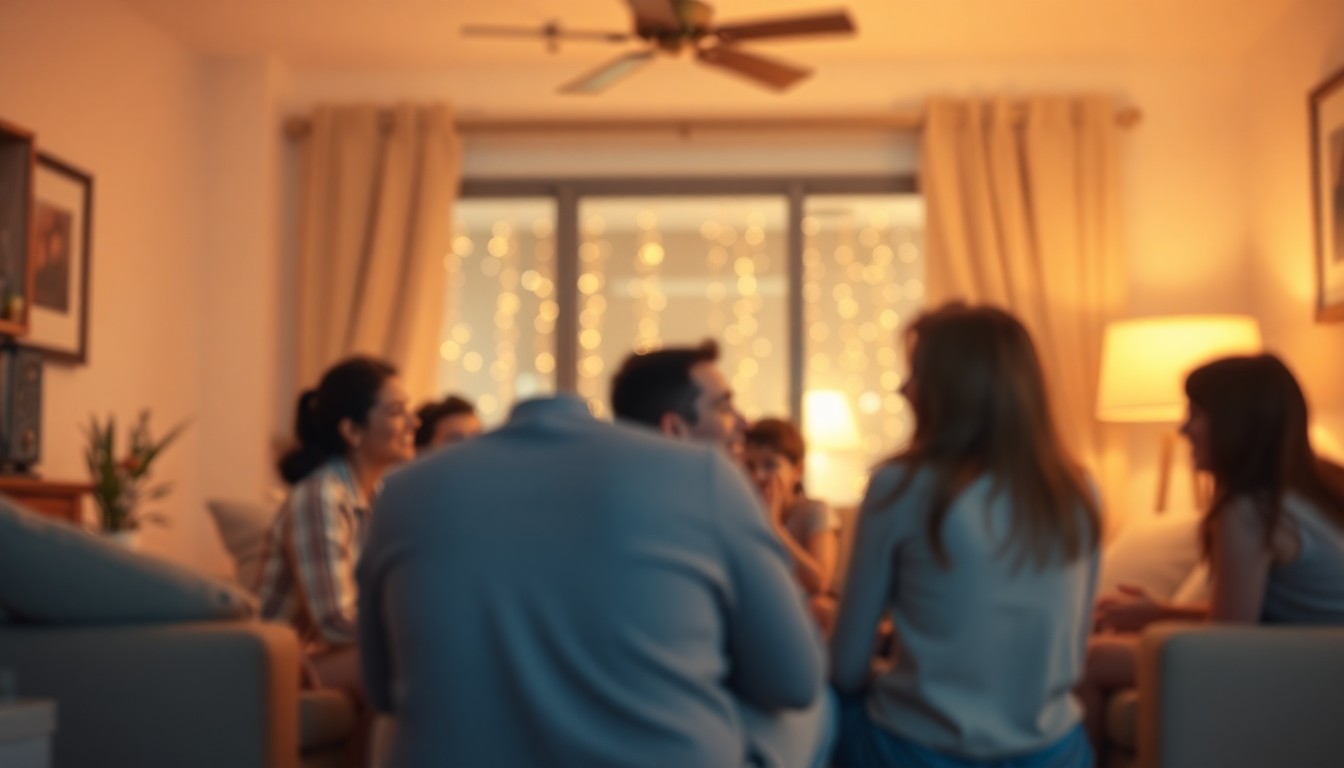 A soft, impressionistic photograph in warm, pastel tones depicting the blurred silhouettes of people gathered in a cozy living room, capturing the essence of a family reunion and the comfort of home.