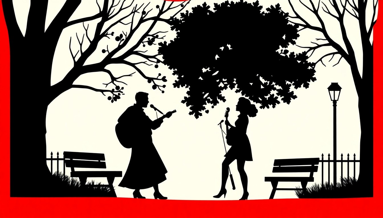 A minimalist, abstract illustration featuring bold, jagged shapes and silhouettes in high-contrast red and white, conceptually representing the musical and romantic themes of the Hallmark movie 'A Little Park Music'.