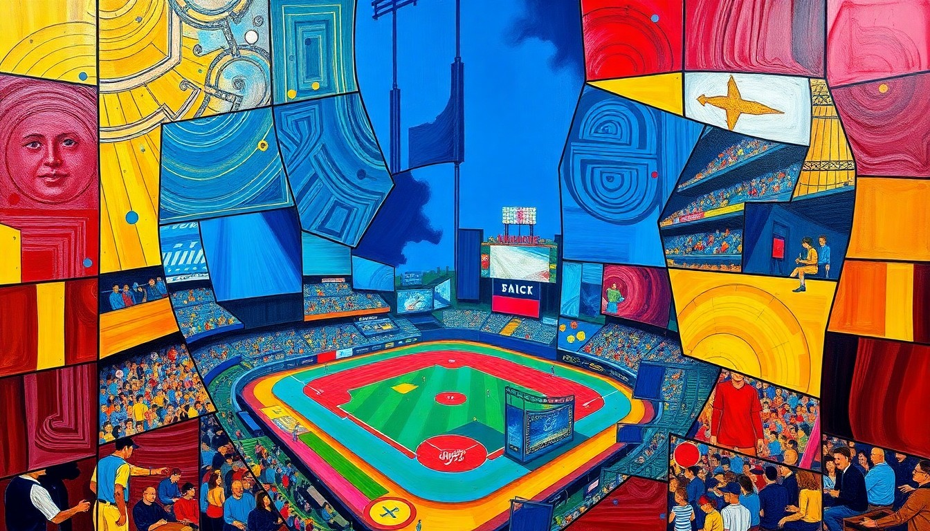 A cubist, geometric painting depicting a fragmented baseball stadium scene, with overlapping planes of color and shape representing the partnership between the Rockies and Broncos ownership groups.