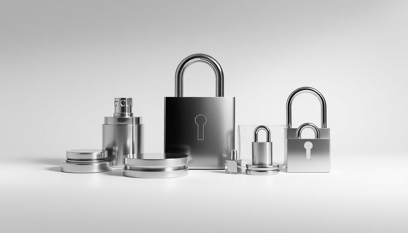 A high-end, photorealistic studio still-life photograph featuring a collection of premium, polished metal and glass objects arranged elegantly on a clean, monochromatic background. The objects symbolize the abstract concepts of digital identity, access control, and cybersecurity.
