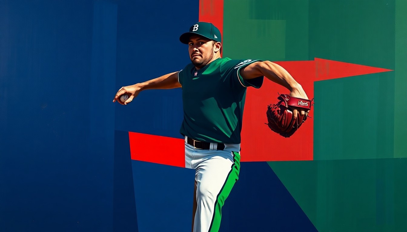 A fragmented, cubist-style painting depicting the various angles and planes of a baseball pitcher's delivery, with sharp geometric shapes in navy, green, and red conveying the power and precision of Parker Messick's pitching.
