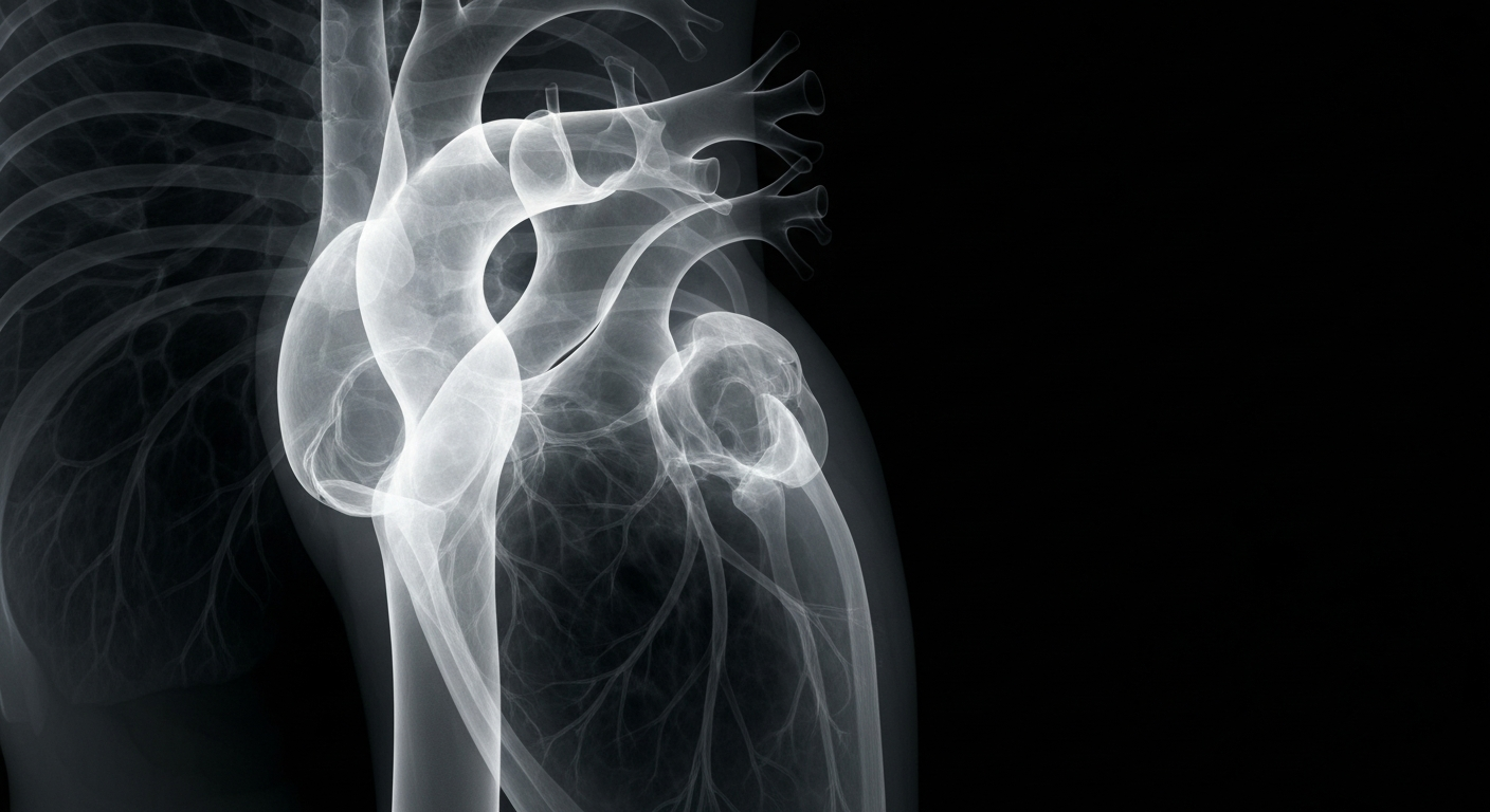 An extreme close-up X-ray image revealing the intricate internal structure of a human heart, with glowing, ghostly lines and shapes against a dark background, conceptually representing the medical advancements in treating obesity-related cardiovascular risks.