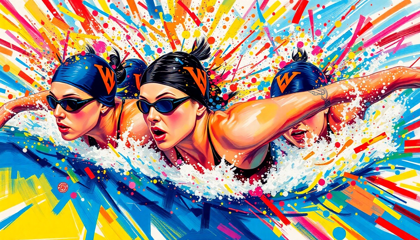 An abstract expressionist painting in vibrant neon colors depicting the dynamic motion and energy of a swimming relay race, with figures and details dissolving into colorful brushstrokes.
