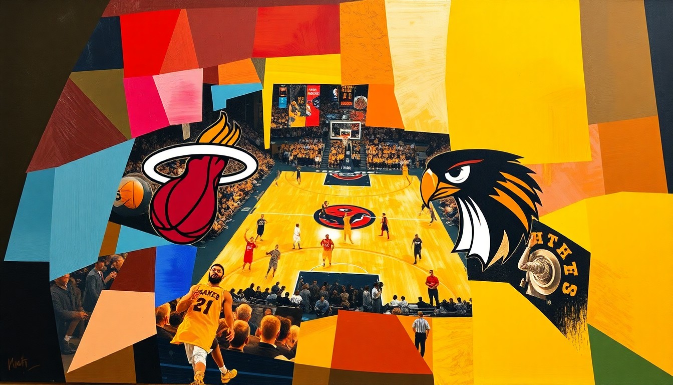 A cubist, geometric painting depicting a basketball game in motion, with the players and court fragmented into overlapping planes of color and shape, capturing the energy and competitiveness of the matchup.