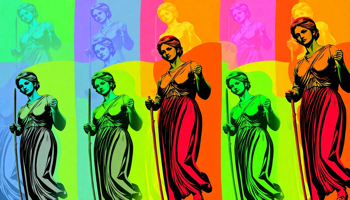 A vibrant, silkscreen-style illustration featuring a repeated image of a bronze statue of a woman holding a shovel, rendered in a bold, pop art-inspired color palette.