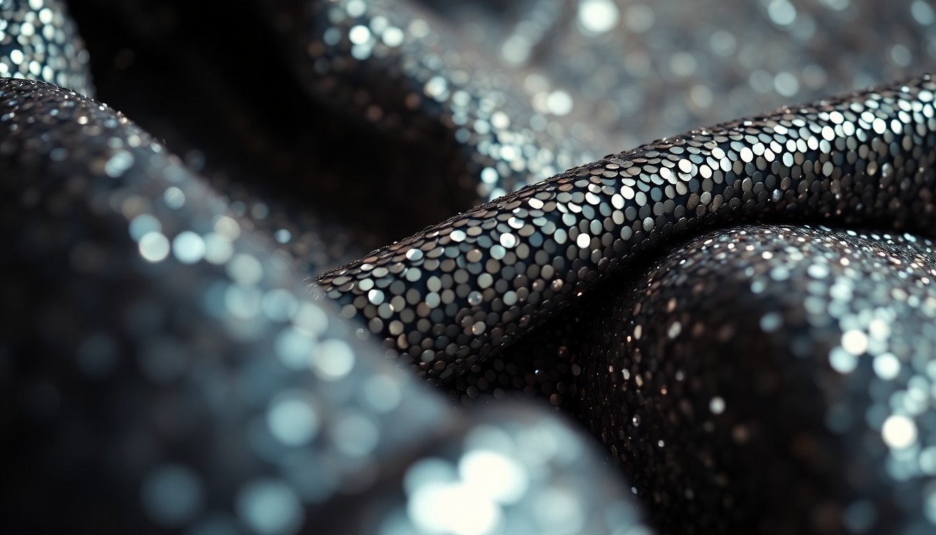 An extreme close-up photograph of shimmering, high-contrast sequins and velvet textures, capturing the glamour and mystery of Carolyn Bessette's iconic fashion sense.