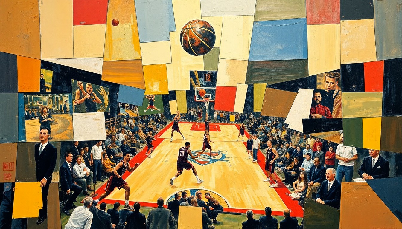 A fractured, multi-perspective painting depicting the dynamic movements and energy of a basketball game, with sharp, overlapping geometric shapes in vibrant colors representing the raw athleticism and competitive spirit of the sport.