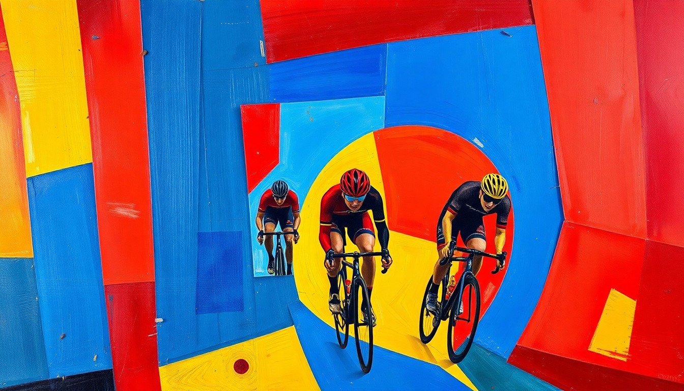 A cubist-style painting featuring overlapping geometric shapes and planes of bright, vibrant colors, conceptually representing the intense action and drama of a cyclo-cross competition.