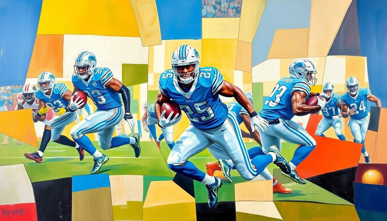 A fractured, multi-perspective painting depicting a Detroit Lions running play, with the players and field broken down into sharp, overlapping geometric planes in a cubist style.