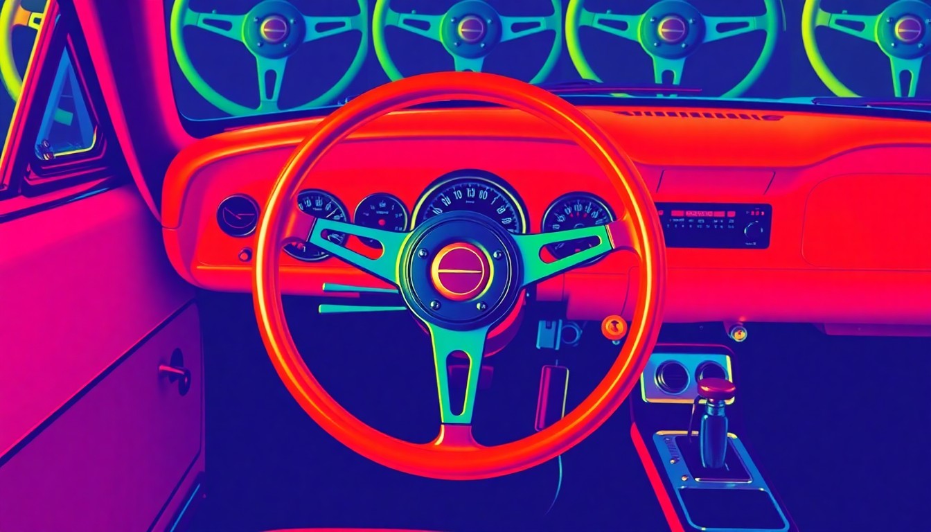 A high-contrast, silkscreen-style illustration of a vintage car steering wheel repeated in a grid pattern, using bold neon colors and heavy black outlines to transform the everyday object into a modern pop art piece.