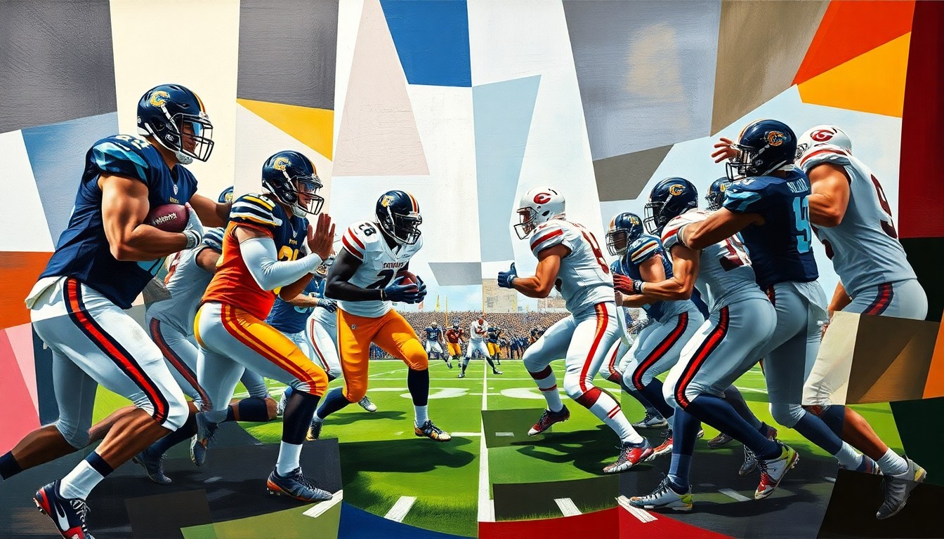 A cubist, geometric painting depicting a Colorado Buffaloes football game, with the players' bodies broken down into sharp, overlapping planes of color and form, visually emphasizing their small stature compared to their opponents.