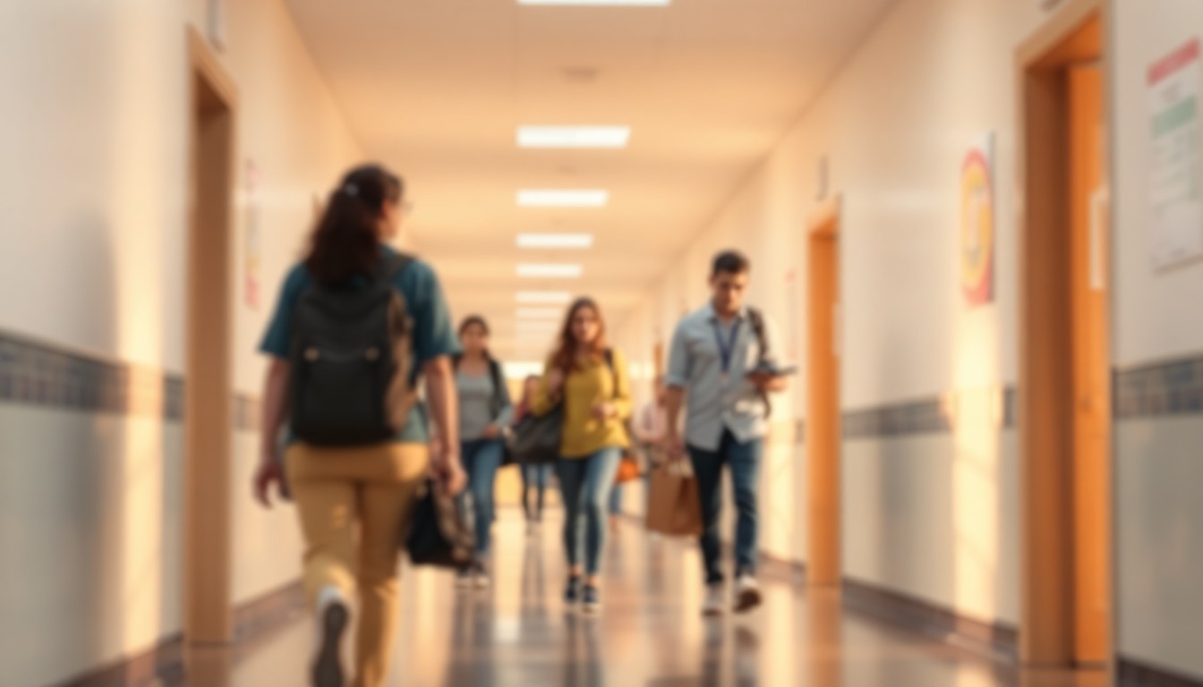 An abstract, impressionistic scene of a high school hallway, with blurred figures of students and teachers moving through pools of warm, soft light, conveying a sense of community and the emotional impact of a leadership change.