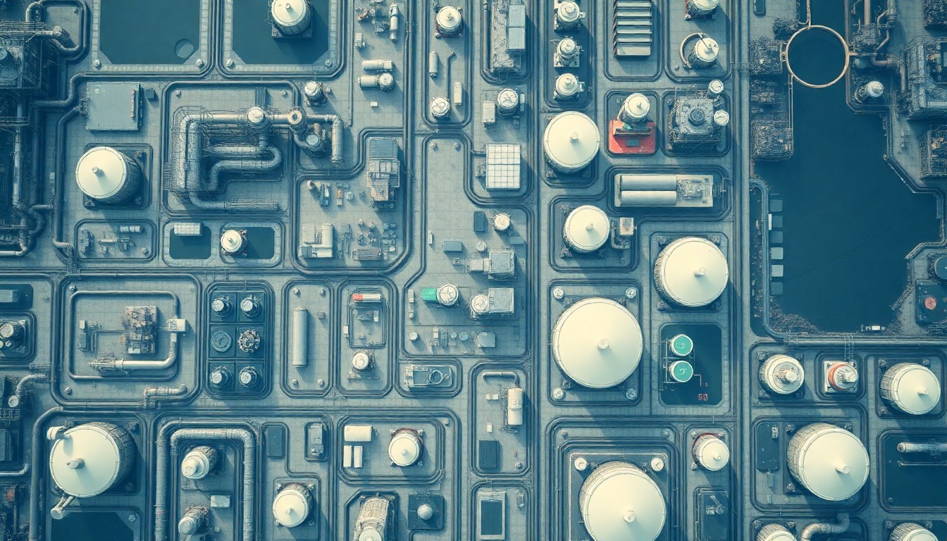An extreme aerial view of a vast industrial complex of oil refineries, pipelines, and storage tanks, rendered in a hyper-detailed, geometric style that conveys the scale and complexity of the global energy infrastructure disrupted by geopolitical conflict.