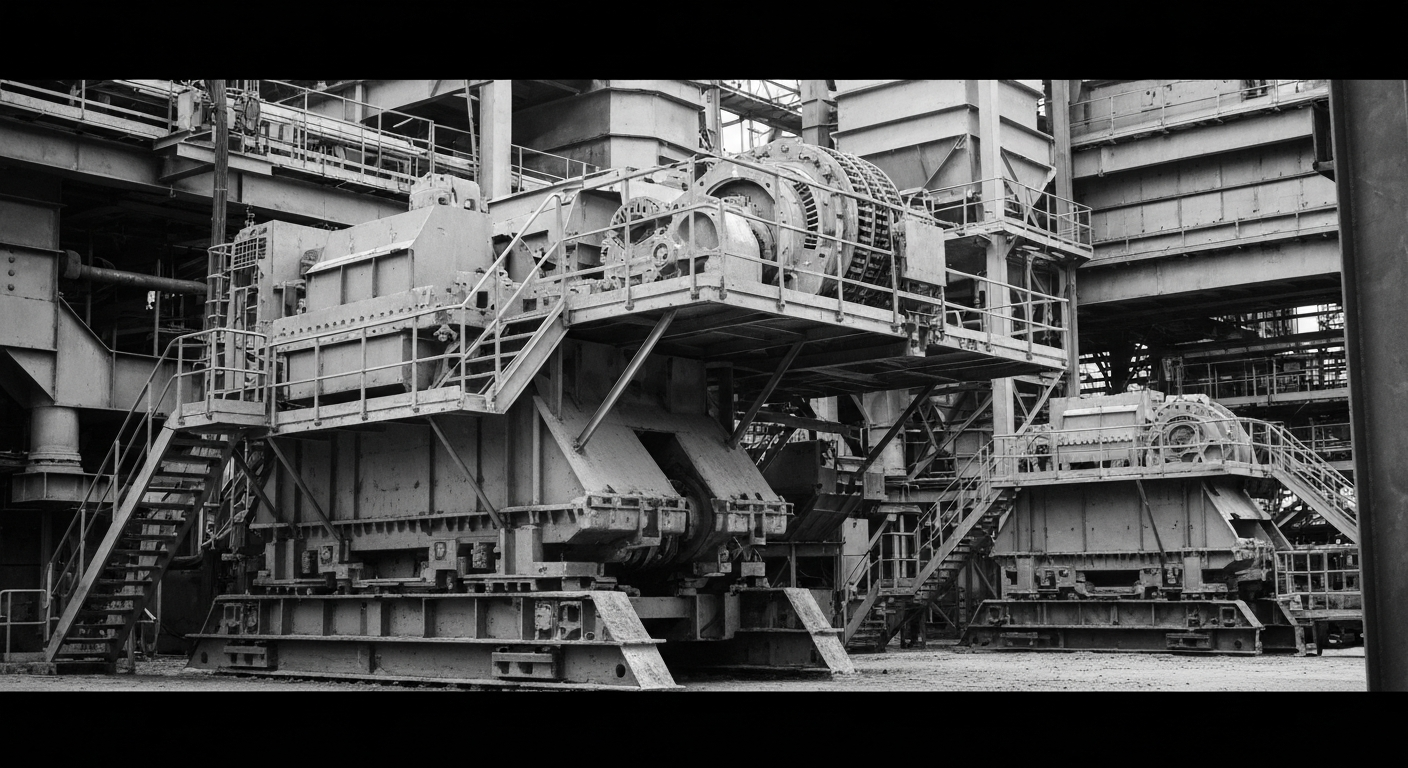 A high-contrast black-and-white close-up image of the gears, pipes, and heavy equipment used in a gold processing facility, conveying the industrial scale and complexity of the global gold mining industry.