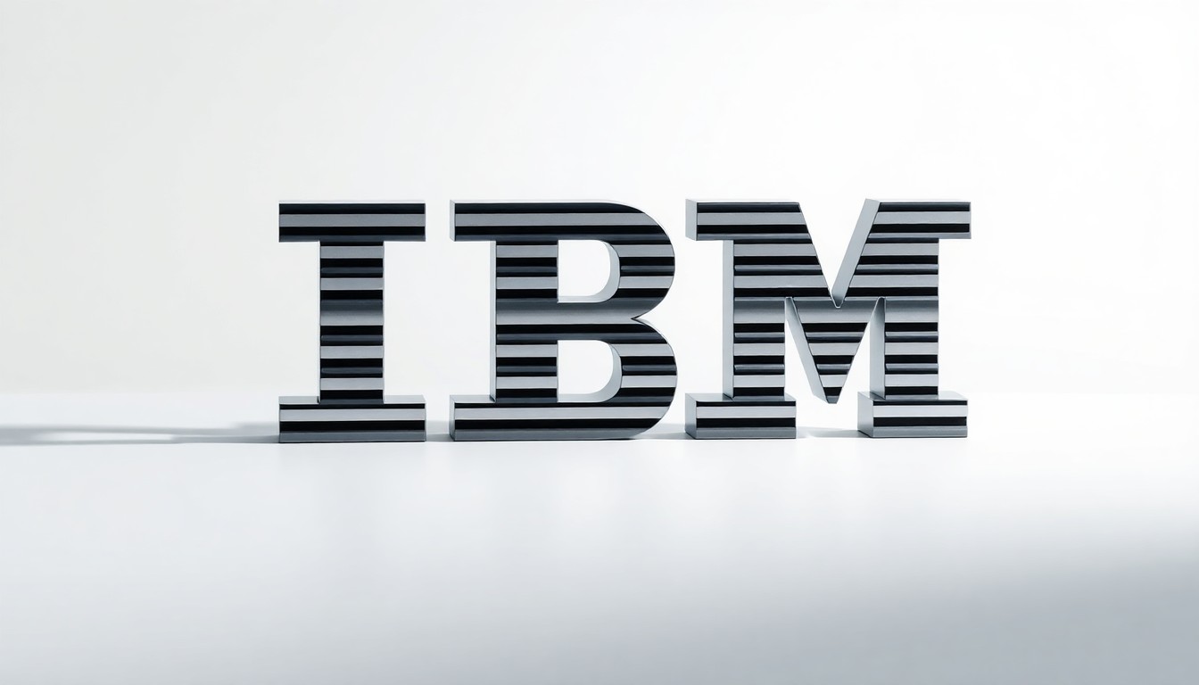 A photorealistic studio still-life image featuring a polished metal IBM logo sculpture resting on a clean, monochromatic background, conveying the abstract corporate strategy and market forces impacting the tech company.