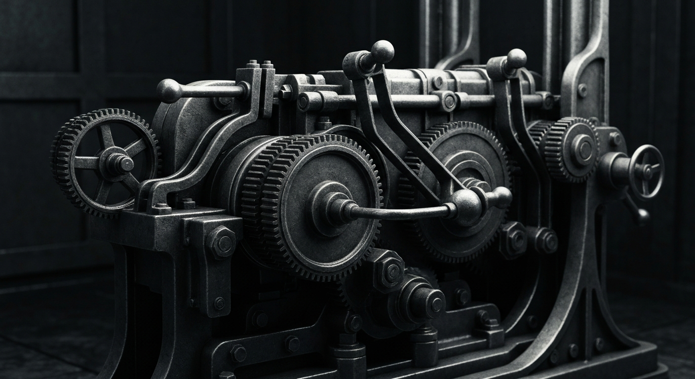 A highly detailed, black-and-white close-up image of the gears, levers, and mechanical components that power a large-scale banking or financial services operation, conveying a sense of the industry's technical complexity and institutional strength.