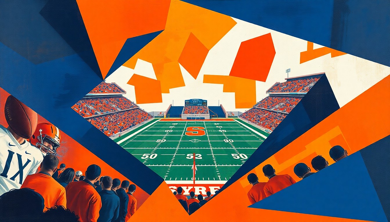 A cubist-style painting depicting a Syracuse football game, with the players and field broken down into abstract shapes and planes of orange, blue, and white, creating a dynamic, geometric visual representation of the action.