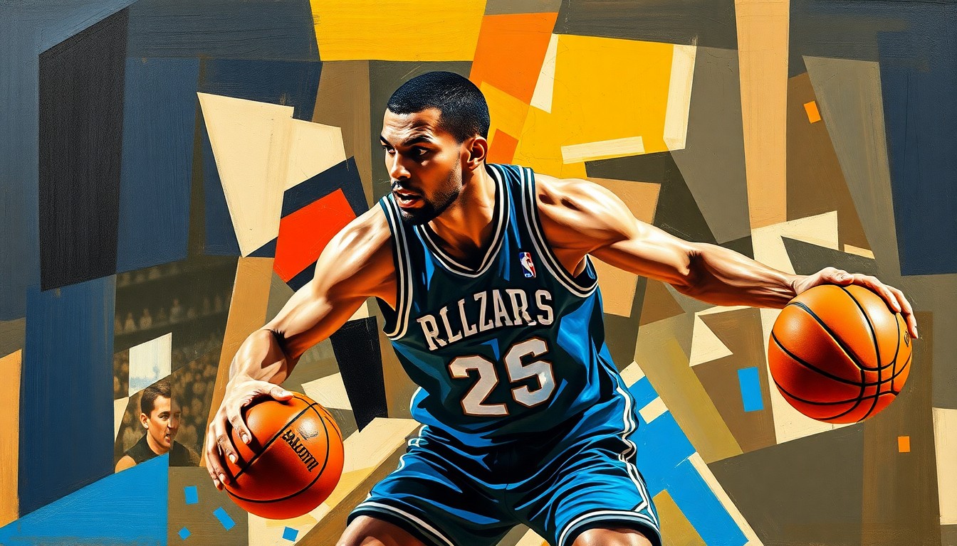 A fragmented, geometric painting depicting the movements and defensive presence of a basketball player, with sharp, overlapping planes of color and form representing the physicality and energy of the game.