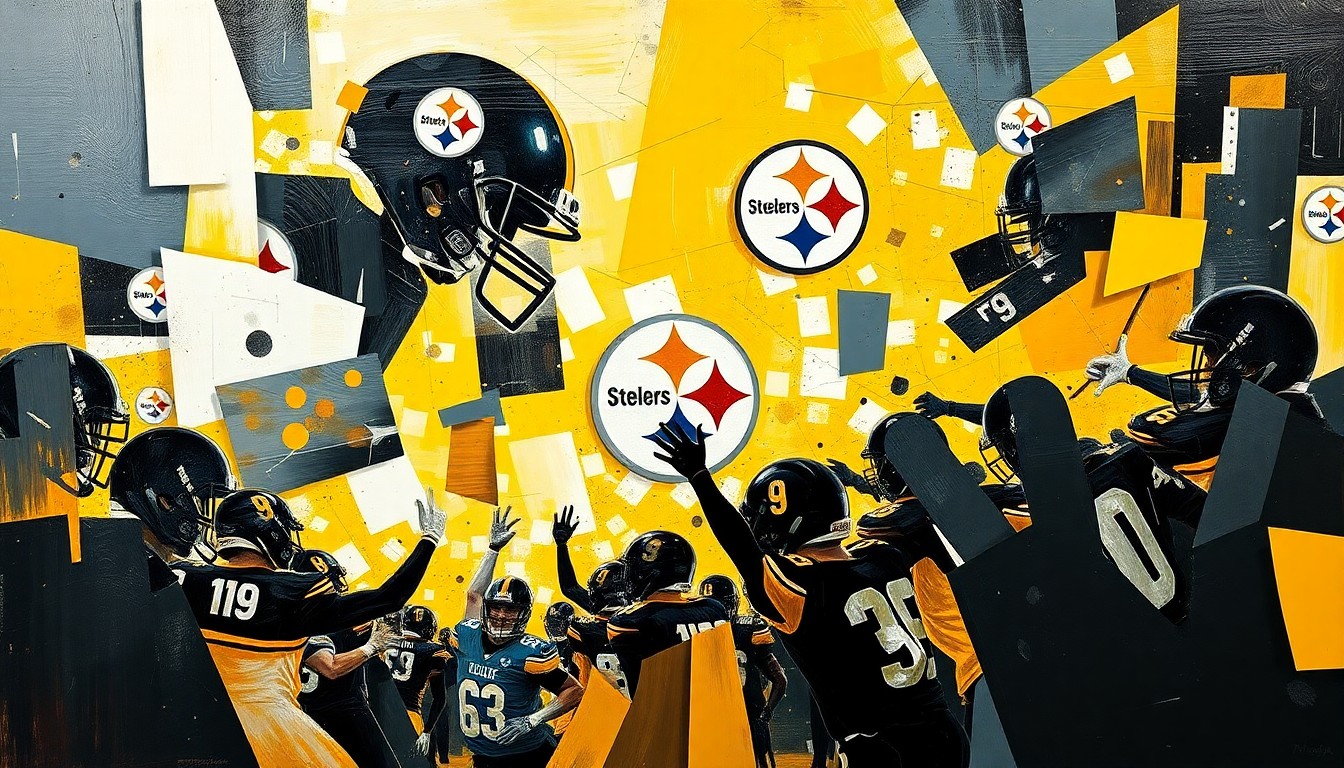 A fragmented, geometric painting depicting a football game or match, with sharp, overlapping planes of color representing the Steelers' black and gold uniforms and their opponent's colors, conveying the dynamic uncertainty of the team's quarterback situation.