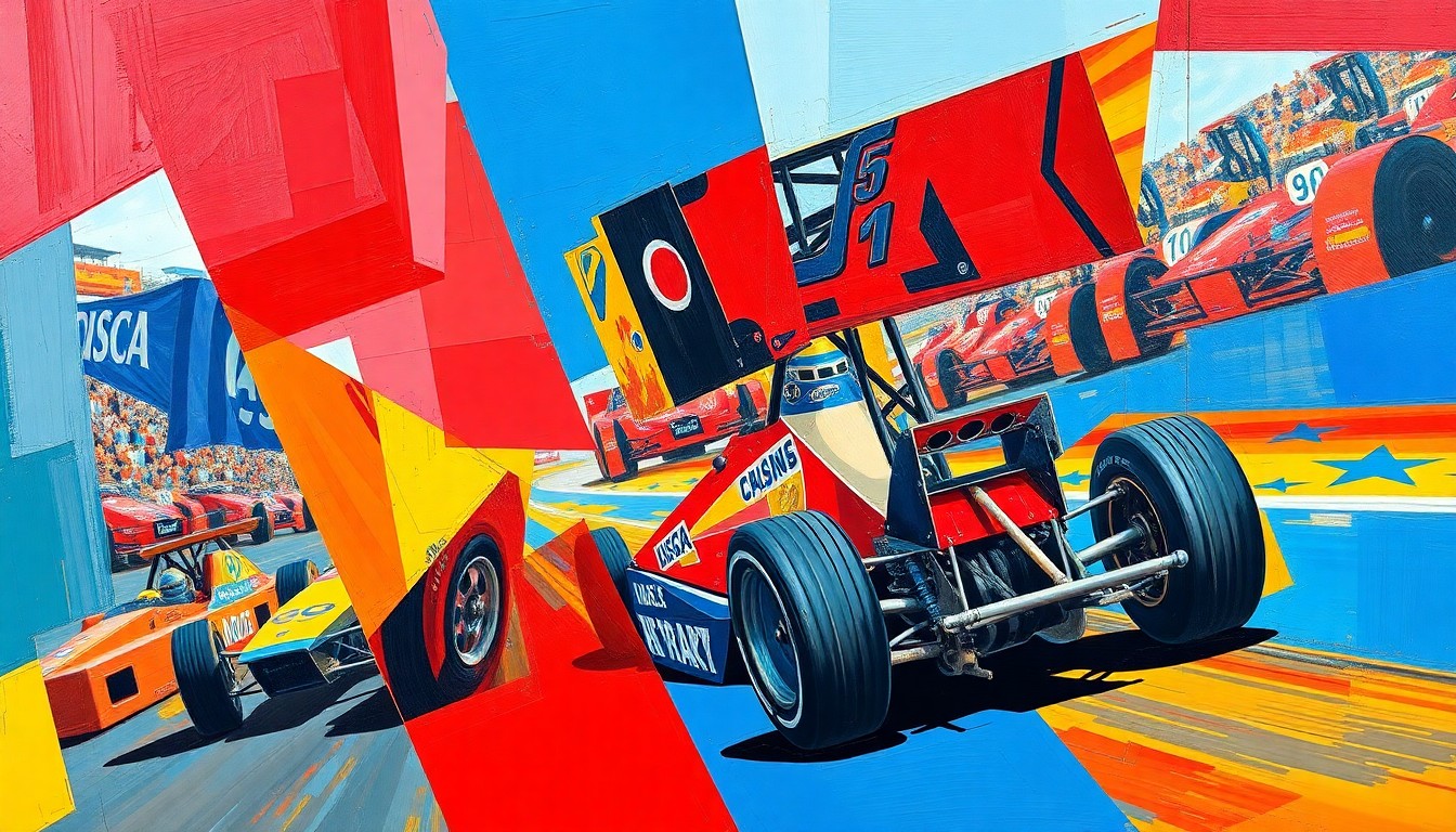 A cubist, geometric painting depicting a sprint car race, with the car and track broken down into sharp, overlapping planes of vibrant red, blue, and yellow colors, conveying the dynamic energy and unpredictability of the event.