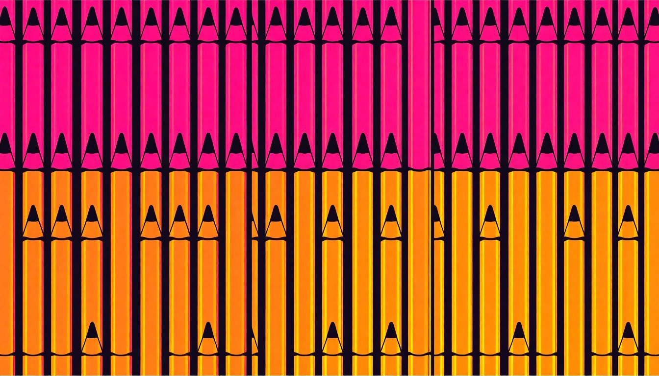 A brightly colored, high-contrast silkscreen print of a classic #2 pencil repeated in a tight grid pattern, representing the iconic imagery of standardized testing. The pencil is rendered in vibrant neon colors overlapping with heavy black photographic outlines, turning the everyday testing tool into modern pop art.
