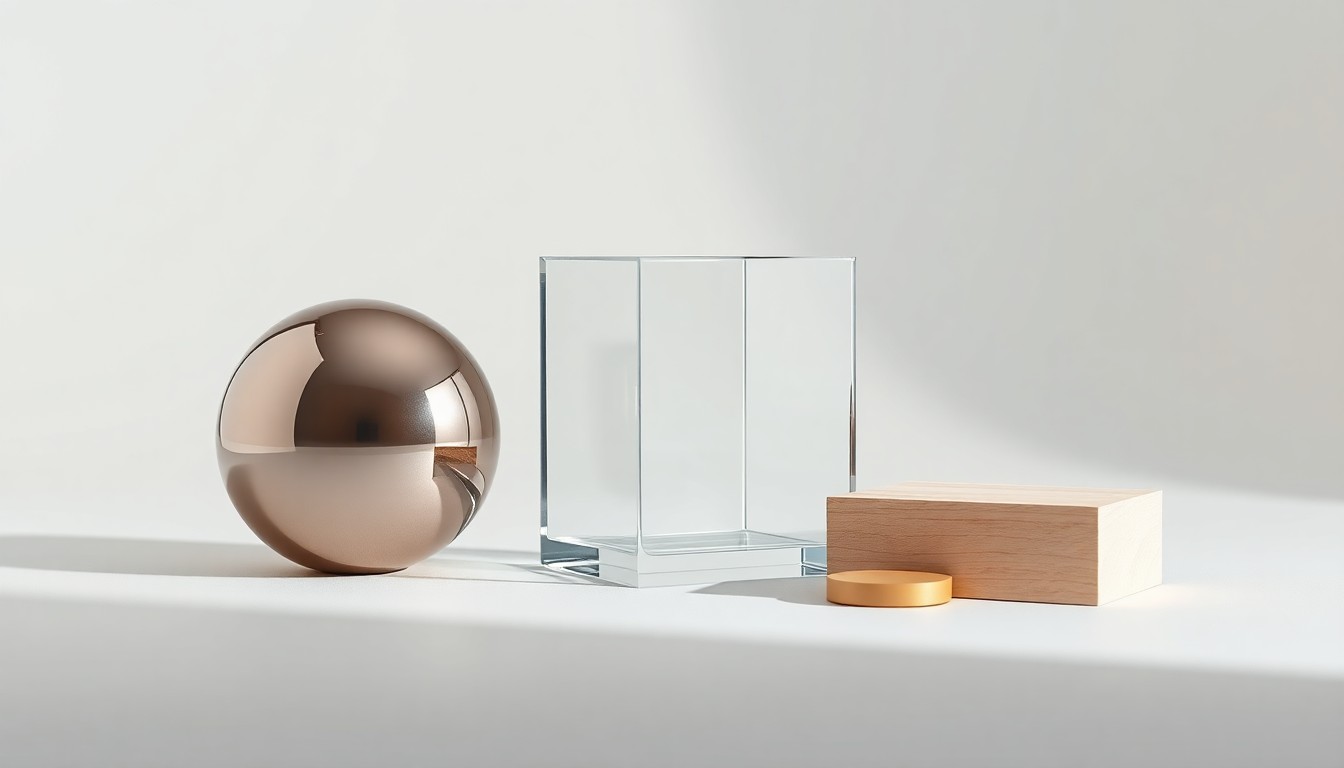 A high-end, photorealistic studio still-life photograph featuring a polished metal sphere, a sleek glass cube, and a smooth wooden block arranged elegantly on a clean, monochromatic seamless background, conceptually representing abstract financial trends and investment decisions.