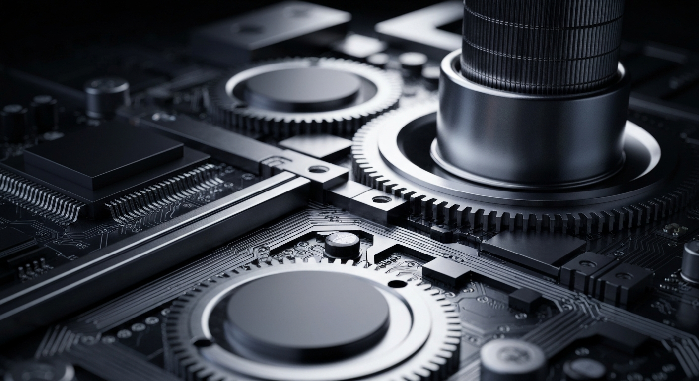 An extreme close-up of complex, interlocking mechanical and electronic components that make up advanced computer hardware, dramatically lit to emphasize the industrial, technological nature of the subject matter.