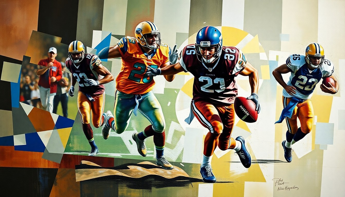 A cubist, geometric painting depicting the explosive motion of a football player rushing the quarterback, with sharp, overlapping planes of color representing the dynamic action of the play.