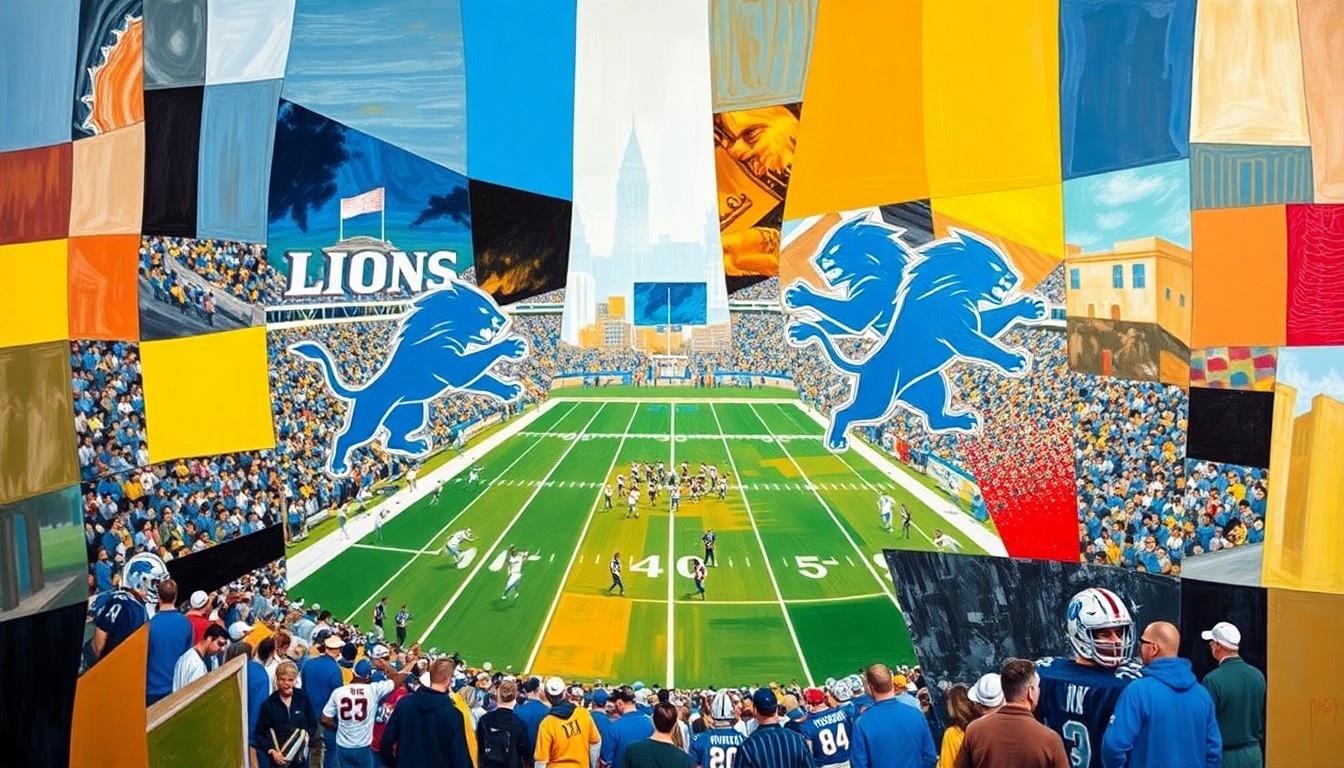 A cubist-style painting depicting a Detroit Lions football game, with the players and field broken down into sharp, overlapping geometric shapes and planes of color, creating a fragmented and abstract visual representation of the team's draft history.