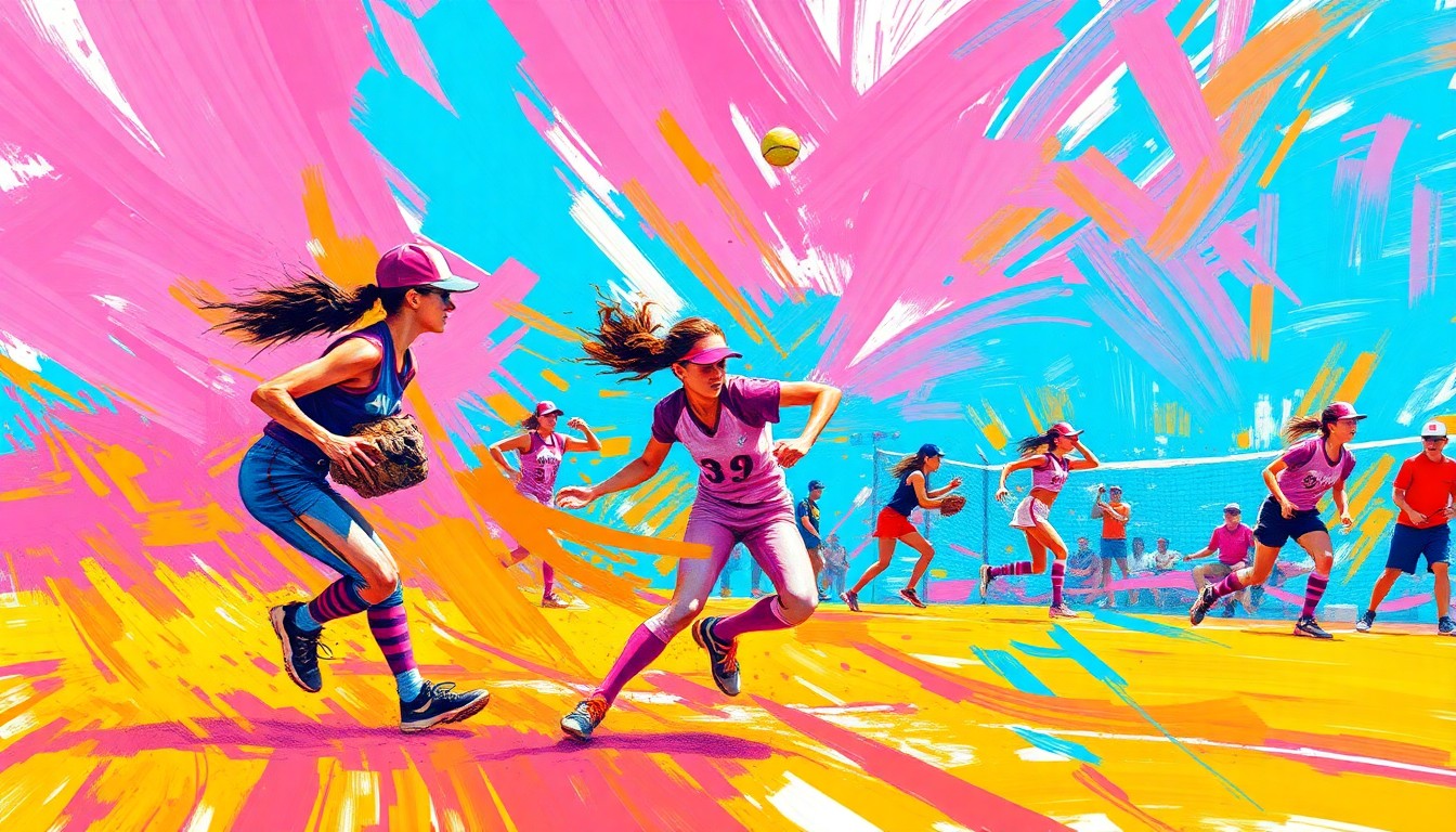 An abstract, energetic painting in vibrant brushstrokes of pink, orange, and blue, capturing the dynamic energy and competitive spirit of a high school softball game.
