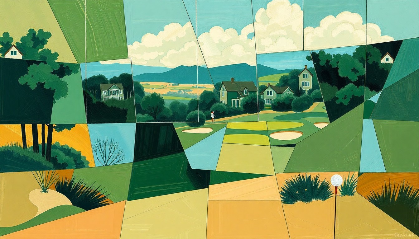 A cubist, geometric painting depicting a local golf tournament, with overlapping planes of green fairways, tan bunkers, and blue skies, conveying the community-driven spirit of the event.