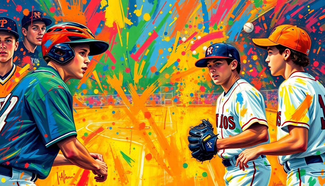 An abstract, energetic painting featuring bold, neon-colored brushstrokes that capture the intensity and drama of a high school baseball game.