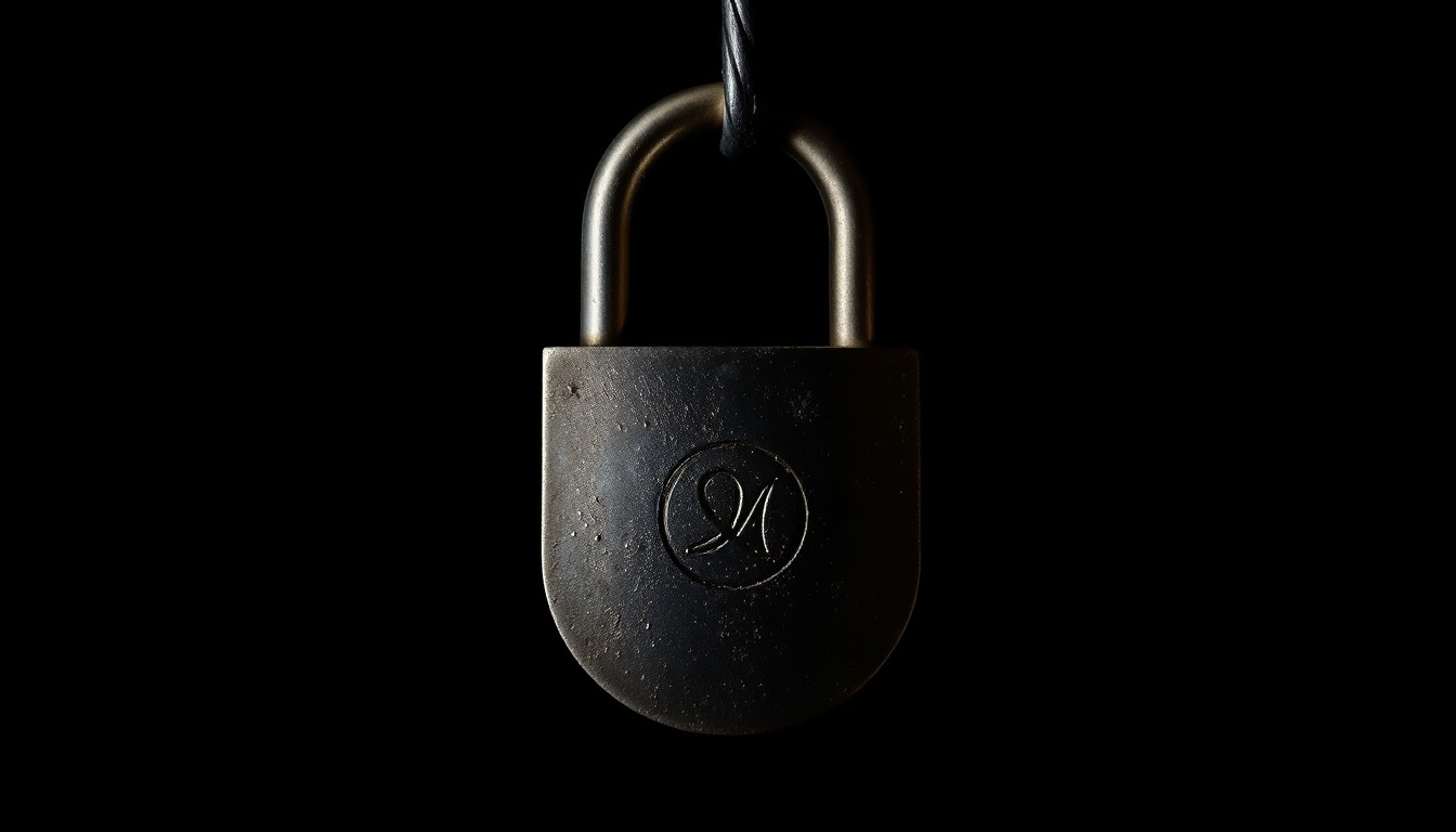 An extreme close-up photograph of a padlock against a pitch-black background, lit by a harsh, direct camera flash. The textured metal and shadows create a stark, gritty, and investigative aesthetic, conceptually representing the security challenges faced by the Sun 'N Lake community.