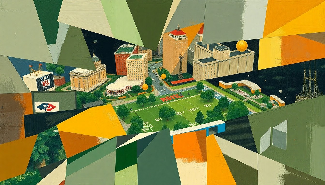A cubist, geometric painting depicting the removal of trees and the NFL Draft event in Pittsburgh, using earthy green and brown tones contrasted with bold splashes of team colors.