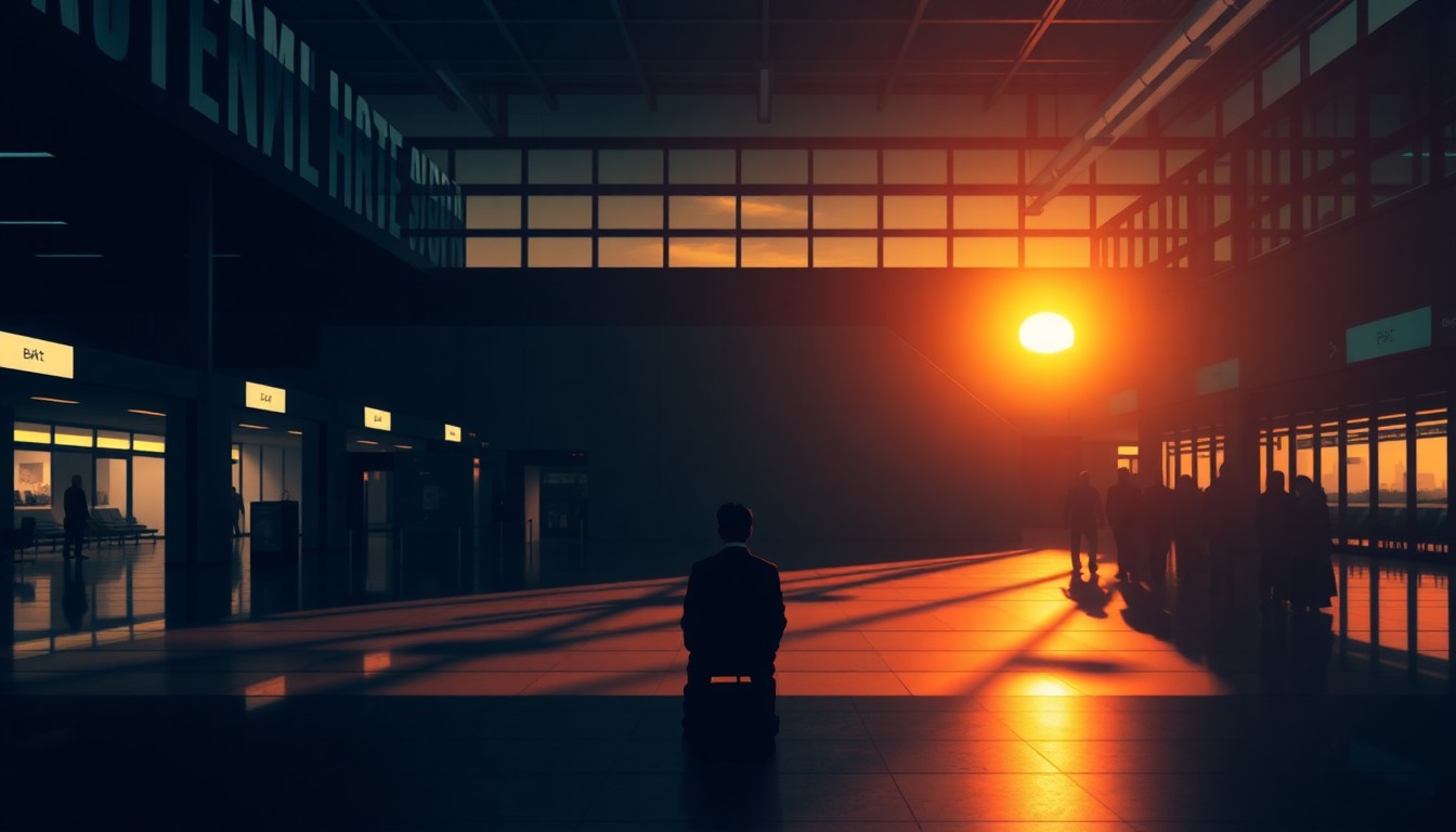 A moody, cinematic painting of a lone figure sitting alone in an airport terminal, the warm light of sunset casting long shadows and creating a pensive, introspective mood.