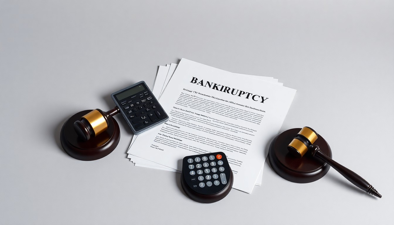 A photorealistic studio still life featuring a stack of legal documents, a calculator, and a gavel arranged on a clean, monochromatic background, conceptually representing the abstract financial challenges facing individuals and businesses in Lancaster County.