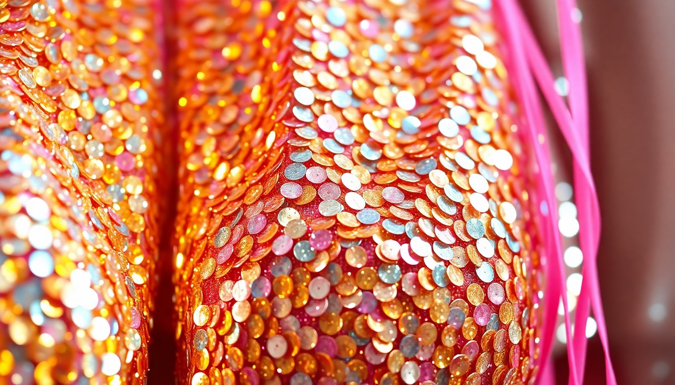 An extreme close-up photograph of shimmering, high-contrast sequins in gold, silver, and pink, capturing the glamour and energy of a music festival performance.