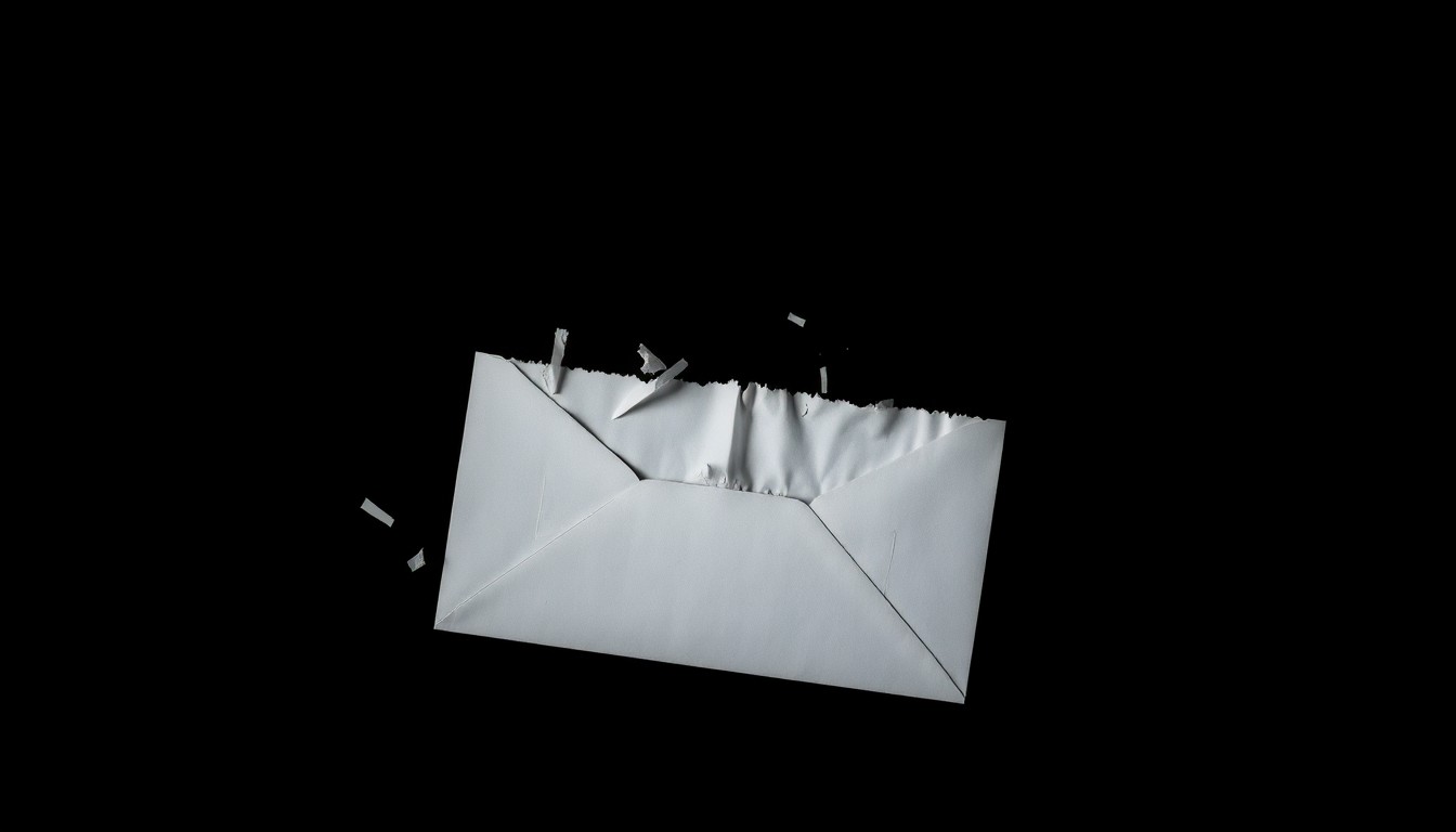 An extreme close-up photograph of a shredded envelope or torn check stub, capturing the harsh, gritty details of the crime scene without depicting any actual violence or victims.