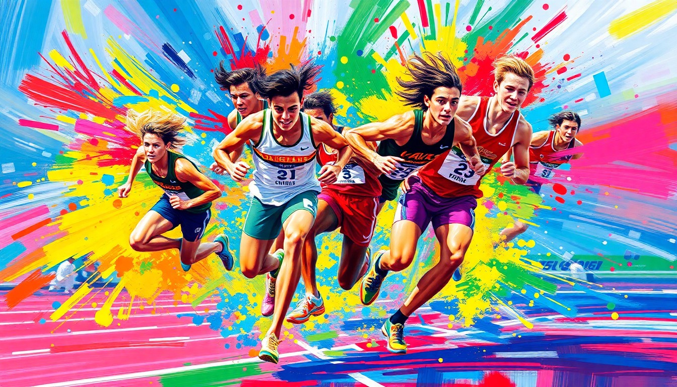 An abstract expressionist painting in vibrant neon colors, with rapid brushstrokes capturing the blurred motion and energy of a high school 4x100 meter relay race.