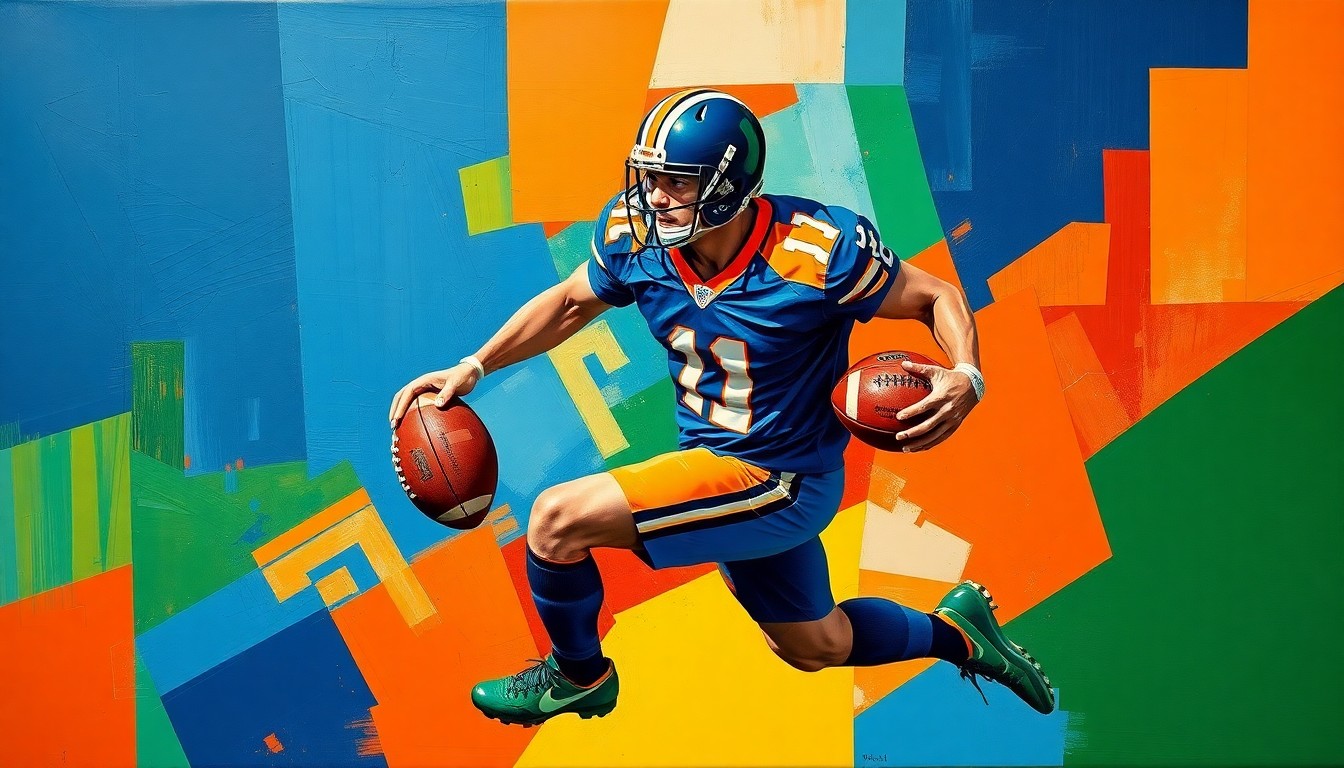 A fragmented, geometric painting depicting a football player in motion, with sharp planes of navy blue, orange, and green overlapping to create a dynamic, abstract representation of athletic prowess.