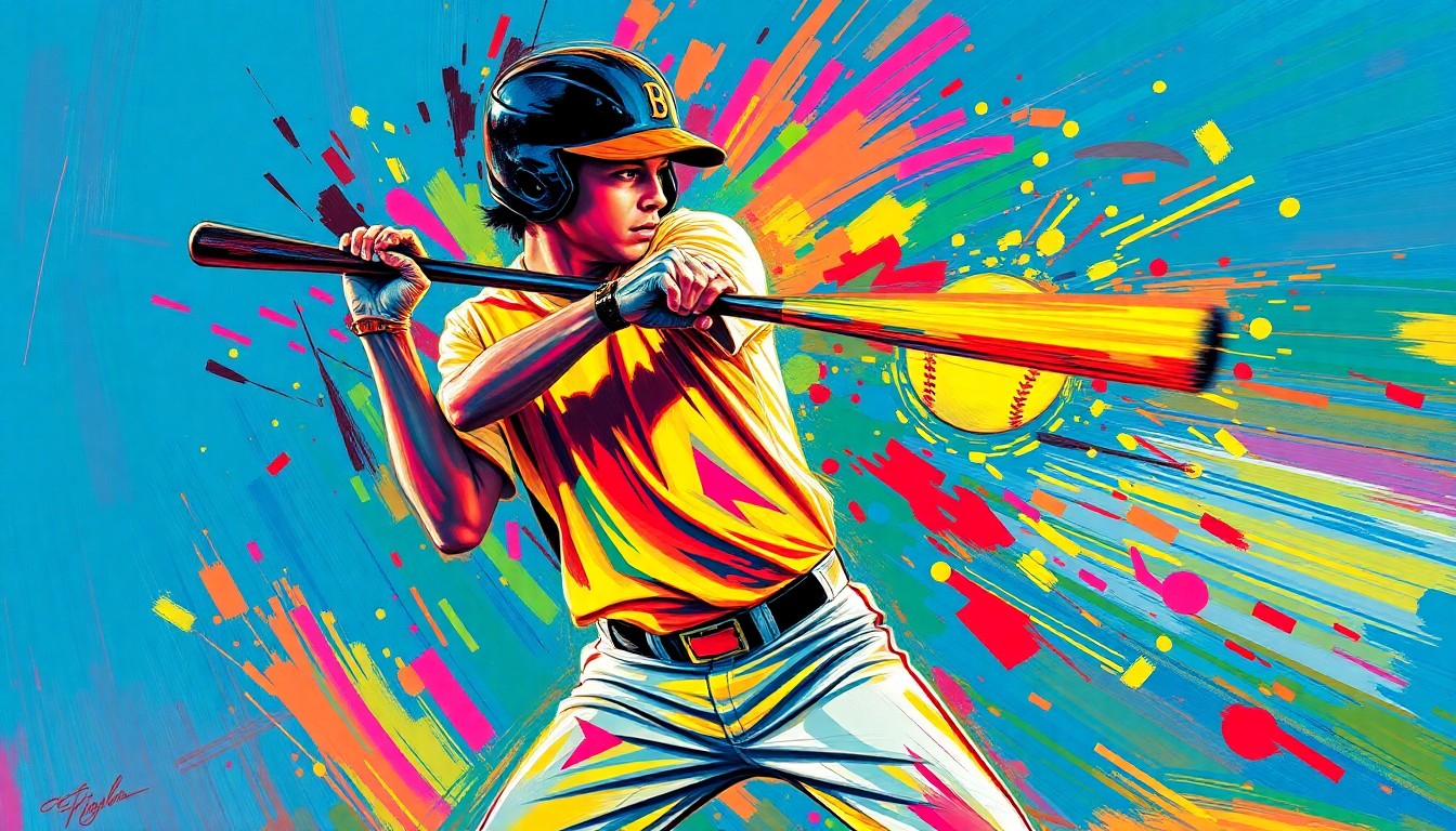 An extreme close-up of a softball player mid-swing, the ball blurring into a neon splatter against a backdrop of vibrant, expressionist brushstrokes, capturing the raw energy and power of the moment.